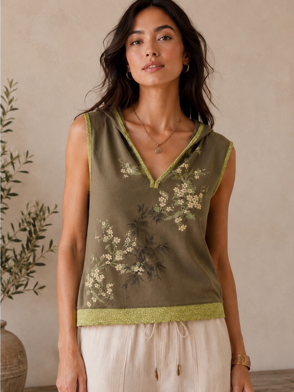 AU LEIU Olive Floral Hooded Tank Top Dragon Cherry Blossom